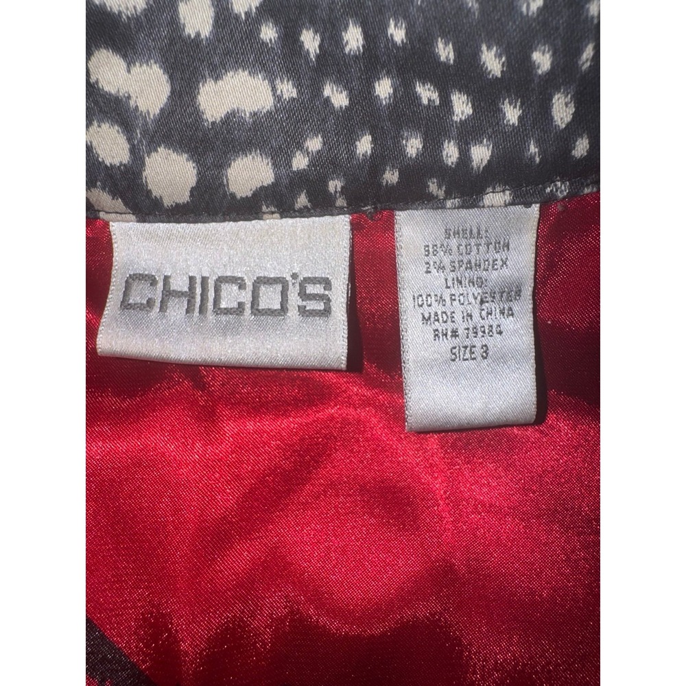 Chicos Animal print zip front red satin owl lining size 3 - Picture 6 of 8